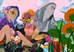  1boy 2girls big_man_(splatoon) blue_hair bubble colored_eyelashes earrings eyelashes food frye_(splatoon) hair_over_one_eye hairband highres holding holding_food inkling itou_(golem_inc) jewelry long_hair long_pointy_ears multiple_earrings multiple_girls octoling outdoors pink_tank_top pointy_ears pout purple_shirt sandwich shirt shiver_(splatoon) shoes short_eyebrows socks splatoon_(series) splatoon_3 star-shaped_pupils star_(symbol) sunglasses symbol-shaped_pupils tank_top tentacle_hair thick_eyebrows tooth_earrings white_hairband white_socks yellow-framed_eyewear yellow_pupils 