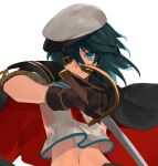  1girl black_cape blue_eyes blue_hair brown_gloves cape commentary_request gloves hair_between_eyes hat holding holding_sword holding_weapon kantai_collection kiso_(kancolle) kiso_kai_ni_(kancolle) looking_at_viewer midriff navel neckerchief red_cape red_neckerchief sailor_collar school_uniform serafuku simple_background smile solo sugimoto_(niboshiumai) sword upper_body weapon white_background white_hat 