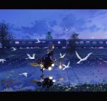  1girl artist_name bird boat_shoes brooch broom broom_riding brown_hair cloud earrings flying from_behind full_body grass highres holding holding_broom illumi999 jewelry lamp light long_hair night original outdoors reflection reflective_water solo tree twintails water white_bird 