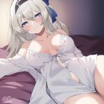  1girl babydoll bed_sheet black_hairband blush breasts breasts_apart collarbone commentary dodosako firefly_(honkai:_star_rail) front-tie_top gradient_eyes grey_hair hairband highres honkai:_star_rail honkai_(series) leaning_to_the_side light_smile long_hair looking_at_viewer lying medium_breasts multicolored_eyes on_back pink_eyes purple_eyes robe signature solo spaghetti_strap sweat white_babydoll white_robe 