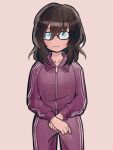  1girl breasts brown_hair eisu_(eith) eyelashes glasses hair_between_eyes highres jacket large_breasts medium_hair messy_hair mole mole_under_mouth original pants simple_background track_jacket track_pants track_suit white_background 