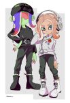  2girls agent_8_(splatoon) alternate_costume arm_behind_back baseball_cap black_footwear black_hat black_pants blue_hair boots border brown_hair closed_mouth colored_tips commentary_request cross-laced_footwear dedf1sh ear_piercing earrings full_body grey_background grey_eyes hand_on_own_hip hat headphones highres jacket jewelry long_hair looking_at_viewer multicolored_hair multiple_girls octoling octoling_girl octoling_player_character outside_border pants piercing print_headwear red-tinted_eyewear red_hair sanitized_(splatoon) short_eyebrows simple_background splatoon_(series) splatoon_3 splatoon_3:_side_order standing sunglasses tentacle_hair thick_eyebrows tinted_eyewear two-tone_hair white_border white_footwear white_jacket xxmarchxx zipper zipper_pull_tab 