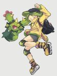  1boy arm_up backpack bag baseball_cap black_bag black_hat black_shorts closed_eyes full_body green_hair grey_background hat jacket knee_pads long_sleeves male_focus maractus on_(snow77) open_mouth original pokemon pokemon_(creature) roller_skates short_hair shorts skates yellow_jacket 