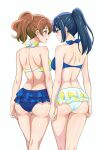  2girls ass bikini bikini_skirt black_hair breasts brown_eyes brown_hair eye_contact face-to-face floral_print from_behind hibike!_euphonium high_ponytail highres holding_hands interlocked_fingers kousaka_reina looking_at_another matching_outfits medium_breasts mismatched_bikini monta multiple_girls oumae_kumiko ponytail print_bikini purple_eyes short_hair side_ponytail simple_background smile swimsuit white_background yuri 