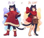  1girl :&lt; :3 animal_ears armor black_hair body_fur boots cat_ears cat_girl cat_tail coat dungeon_meshi english_text full_body fur-trimmed_boots fur-trimmed_coat fur_trim hands_on_own_hips highres izutsumi leather_armor midriff mismatched_animal_ear_colors navel oversized_clothes red_coat red_footwear red_scarf ribbon scarf short_hair signature tail winnie62123994 winter_clothes winter_coat 