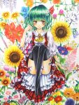  1girl absurdres alstroemeria_(flower) anthurium ascot baby&#039;s-breath black_thighhighs blue_flower blush calla_lily chamomile chesscure closed_mouth commentary_request flower flower_request frilled_skirt frills full_body grass_lily green_hair hair_flower hair_ornament highres kazami_yuuka lily_of_the_valley looking_at_viewer morning_glory plaid plaid_skirt red_eyes red_skirt red_vest shirt short_hair short_sleeves skirt smile solo sunflower thighhighs touhou vest white_flower white_shirt wisteria yellow_ascot 