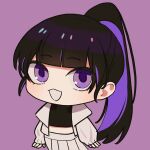  1girl black_hair black_shirt blunt_bangs chibi cloud_nine_inc colored_inner_hair commentary cropped_shirt highres jacket long_hair looking_at_viewer midriff multicolored_hair open_clothes open_jacket open_mouth pleated_skirt ponytail purple_background purple_eyes purple_hair riseno shirt simple_background skirt smile solo utaite white_jacket white_skirt yoshino_(utaite) 