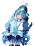  1girl :3 ahoge animal_ears arm_behind_head arrow_(symbol) black_skirt blue_eyes blue_hair blue_nails blue_necktie blue_trim blush cat_ears cat_girl closed_mouth collared_shirt curly_hair detached_sleeves fingernails hair_between_eyes hair_ornament hatsune_miku headset highres leaning_to_the_side long_hair long_sleeves looking_at_viewer mihoranran nail_polish navel necktie pleated_skirt shirt simple_background skirt solo standing stretching tail thighhighs twintails vocaloid white_background white_shirt wide_sleeves 