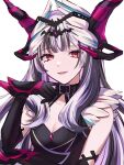  1girl black_choker black_hair breasts choker dark_persona dress fake_horns feather_hair_ornament feathers fire_emblem fire_emblem_engage gloves grey_hair hair_ornament highres horns long_hair looking_at_viewer multicolored_hair official_alternate_costume official_alternate_eye_color petite red_eyes smile solo tomo_shirasu two-tone_hair upper_body very_long_hair veyle_(fell_successor)_(fire_emblem) veyle_(fire_emblem) wavy_hair 