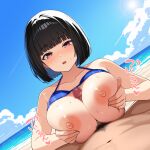  1boy 1girl ai-generated beach breasts breasts_squeezed_together censored grabbing_own_breast hetero highres large_breasts looking_at_viewer mosaic_censoring nipples original paizuri penis poteto0987 pov swimsuit 