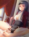  1girl bar_censor barefoot bed black_hair breasts censored cleavage curtains footjob hetero large_breasts long_hair lucifer misumi_kouji on_bed open_clothes open_shirt penis pointless_censoring red_eyes shirt stakes_of_purgatory umineko_no_naku_koro_ni 