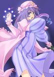  1girl book bouncing_breasts breasts dress erect_nipples female hat huge_breasts long_hair magic magician patchouli_knowledge purple_eyes purple_hair simple_background solo standing toono_yayoi touhou unaligned_breasts 