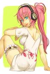  alternate_hairstyle aqua_eyes back bad_id bad_pixiv_id dress garters hair_up headphones impossible_clothes leg_garter lips long_hair looking_back megurine_luka ponytail sitting smile solo thighs vocaloid yuuji_(and) 
