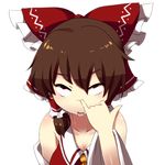  blueberry_(5959) bow breasts brown_hair cleavage detached_sleeves face hair_bow hair_tubes hakurei_reimu hands nose_picking red_eyes simple_background solo touhou white_background 