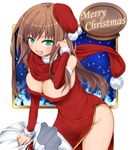  adjusting_hair arm_up bad_id bad_pixiv_id big_wednesday blush breasts brown_hair christmas cleavage covered_nipples detached_sleeves dress green_eyes hat large_breasts legs long_hair merry_christmas no_bra open_mouth original sack santa_hat scarf shiny shiny_skin side_slit snow solo strapless strapless_dress thighs 