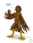  beak bird black_eyes brown brown_feathers claws coca_cola cocaine drugs eagle excited humor male navel nude open_mouth plain_background sabretoothed_ermine white_background wings 