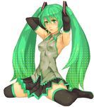  armpits arms_up bad_id bad_pixiv_id boots detached_sleeves face green_eyes green_hair hatsune_miku long_hair necktie simple_background sitting skirt solo thigh_boots thighhighs twintails very_long_hair vocaloid white_background yuuji_(and) 