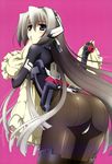  absurdres ass back-seamed_legwear blue_eyes bodysuit boots highres horizon_ariadust iida_eriko kyoukaisenjou_no_horizon long_hair looking_back non-web_source nyantype official_art pantyhose scan seamed_legwear silver_hair solo thigh_boots thighhighs very_long_hair 