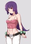  abs bare_shoulders belt bracelet camisole groin hime_cut hizuki_akira jewelry long_hair midriff natsume_(pokemon) navel pokemon pokemon_(game) pokemon_hgss purple_hair red_eyes solo 