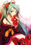  aqua_eyes aqua_hair bad_id bad_pixiv_id bare_shoulders camellia flower hair_flower hair_ornament hatsune_miku hirococo japanese_clothes long_hair solo twintails very_long_hair vocaloid 