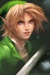  banned_artist blonde_hair blue_eyes eyelashes face highres link lips male_focus navi nose pointy_ears realistic sakimichan sweat sword the_legend_of_zelda the_legend_of_zelda:_ocarina_of_time tunic watermark weapon 