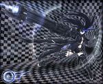  arm_cannon black_rock_shooter black_rock_shooter_(character) boots burning_eye checkered highres ledjoker07 long_hair solo thighhighs weapon 