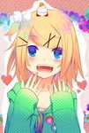  bad_id bad_pixiv_id badge blush bow casual eyes_visible_through_hair hair_bow hair_ornament hairclip heart heart-shaped_pupils highres kagamine_rin solo symbol-shaped_pupils temari_(deae) vocaloid 