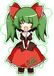  ^_^ alternate_hairstyle blush bow chibi closed_eyes fang green_hair hair_bow highres kagiyama_hina nosada open_mouth solo touhou twintails v_arms 