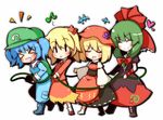  &gt;_&lt; 4girls :&gt; :d aki_minoriko aki_shizuha backpack bad_id bad_pixiv_id bag blonde_hair blue_hair blush boots bow closed_eyes dress fang food front_ponytail fruit grapes green_hair hair_bow hair_ornament hat heart kagiyama_hina kawashiro_nitori leaf leaf_hair_ornament multiple_girls musical_note nosada open_mouth rope_train smile touhou two_side_up xd |_| 