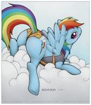  blush butt clothing cloud clouds cutie_mark ecmajor equine female feral friendship_is_magic hair hooves looking_at_viewer looking_back mammal multi-colored_hair my_little_pony pegasus pink_eyes rainbow_dash_(mlp) rainbow_hair sky smile solo tail wings 