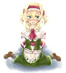  alice_margatroid alternate_costume alternate_hairstyle apron ascot blonde_hair blue_eyes blush capelet dress enmaided green_dress hair_ribbon maid open_mouth ribbon rl short_hair sitting solo touhou twintails v_arms wariza 