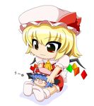  :3 :d ^_^ ascot bat_wings blonde_hair blue_hair blush_stickers bow chibi closed_eyes flandre_scarlet hat hat_bow hat_ribbon multiple_girls no_shoes open_mouth red_eyes remilia_scarlet ribbon short_hair siblings side_ponytail simple_background sisters sitting sitting_on_lap sitting_on_person skirt skirt_set smile socks touhou uu~ v_arms wings yamato_damashi yukkuri_shiteitte_ne 