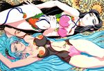  black_hair blue_hair breasts brown_eyes cleavage facial_mark fishnets forehead_mark highres kajishima_masaki long_hair masaki_funaho_jurai masaki_misaki_jurai medium_breasts multiple_girls one-piece_swimsuit pink_eyes swimsuit tenchi_muyou! very_long_hair 