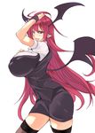  1girl breasts demon_girl demon_wings female head_wings huge_breasts koakuma legwear long_hair nipples pointy_ears profile puffy_nipples red_eyes red_hair simple_background solo standing stocking stockings the_embodiment_of_scarlet_devil thighhighs toono_yayoi touhou vampire wings 