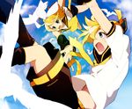  1girl bad_id bad_pixiv_id bird blonde_hair blue_eyes brother_and_sister day detached_sleeves falling hirococo kagamine_len kagamine_rin shorts siblings sky twins vocaloid 