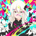  1girl animal_print bad_id bad_pixiv_id black_dress breasts bug butterfly butterfly_hair_ornament butterfly_print dress echidna_(re:zero) hair_between_eyes hair_ornament highres inawa_akito long_hair looking_at_viewer medium_breasts multicolored_eyes open_mouth paint_in_hair paint_on_clothes paint_splatter paint_splatter_on_face re:zero_kara_hajimeru_isekai_seikatsu solo upper_body white_hair 