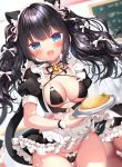  1girl animal_ears bell bikini black_bikini black_hair blue_eyes blush breasts cameltoe cat_ears cat_girl cat_tail food hair_ribbon holding holding_plate long_hair looking_at_viewer maid maid_bikini medium_breasts neck_bell omelet omurice open_mouth original plate ribbon sazaki_ichiri smile solo swimsuit tail unconventional_maid 