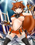  animal_ears antenna_hair black_legwear blazblue blush breasts brown_eyes brown_hair fingerless_gloves gloves highres large_breasts looking_at_viewer makoto_nanaya midriff navel nipples orange_skirt revealing_clothes skirt smile solo squirrel_ears squirrel_tail tail thighhighs underboob wardrobe_malfunction weapon yoshimo 