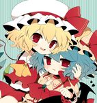  bad_id bad_pixiv_id bat_wings blonde_hair blue_hair fang flandre_scarlet hand_on_another's_face haru_(kyou) hat hug multiple_girls open_mouth ponytail red_eyes remilia_scarlet short_hair siblings side_ponytail sisters smile sweatdrop touhou wings wrist_cuffs 