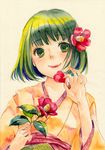  camellia flower green_eyes green_hair hair_flower hair_ornament japanese_clothes kimono original smile solo toyoda_izumi traditional_media watercolor_(medium) 