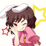  ;q animal_ears blueberry_(5959) brown_hair bunny_ears carrot carrot_necklace face inaba_tewi jewelry necklace no_nose one_eye_closed pendant red_eyes short_hair simple_background solo star tongue tongue_out touhou 