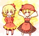  :d \o/ aki_minoriko aki_shizuha arms_up bad_id bad_pixiv_id blonde_hair chibi dress fang food fruit grapes grin hair_ornament hands_on_hips hat highres leaf leaf_hair_ornament leaf_on_head multiple_girls nosada open_mouth outstretched_arms smile solid_circle_eyes teeth touhou v-shaped_eyebrows 