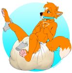  2019 4_toes 5_fingers anthro biped black_nose canid canine claws diaper digital_media_(artwork) digitigrade dipstick_tail disembodied_hand feces fox fur humanoid_hands male mammal messy_diaper multicolored_tail orange_fur pacifier pawpads scat simple_background soiling speedhumps toe_claws toes white_fur 