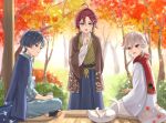  3boys black_hair blue_eyes brown_jacket cat genshin_impact green_eyes grey_hair hair_between_eyes highres holding jacket japanese_clothes kaedehara_kazuha kimono leaf long_sleeves looking_at_viewer male_focus maple_leaf mole mole_under_eye multicolored_hair multiple_boys open_mouth red_eyes red_hair scaramouche_(genshin_impact) shikanoin_heizou short_hair smile streaked_hair suya_(suya_ny) white_fur 