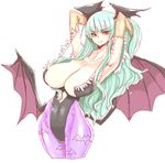  1girl adjusting_hair angelo_(gomahangetsu) aqua_hair armpit armpits arms_up bare_shoulders breasts capcom cleavage demon_girl demon_wings elbow_gloves female gloves head_wings huge_breasts long_hair monster_girl morrigan_aensland mound_of_venus pantyhose simple_background sketch solo standing succubus vampire_(game) vampire_savior wings yellow_eyes 