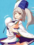  arm_up blueberry_(5959) bouncing_breasts breasts grey_eyes hat highres japanese_clothes kariginu large_breasts mononobe_no_futo no_bra short_hair side_ponytail sideboob silver_hair simple_background solo touhou upper_body 