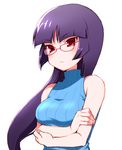  bare_shoulders breast_hold breasts crossed_arms frown glasses hime_cut hizuki_akira long_hair medium_breasts natsume_(pokemon) pokemon pokemon_(game) pokemon_rgby purple_hair red-framed_eyewear red_eyes simple_background sleeveless sleeveless_turtleneck solo tsurime turtleneck upper_body white_background 