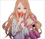  apple bandana border brown_hair covering_mouth eyepatch food frills fruit holding holding_food holding_fruit long_hair looking_at_viewer mamefuku mawaru_penguindrum nightgown purple_eyes simple_background solo stuffed_animal stuffed_toy takakura_himari teddy_bear 