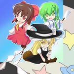  akisaka_yamoka bad_id bad_pixiv_id blonde_hair bow broom brown_hair chibi detached_sleeves green_eyes green_hair grin hair_bow hair_ornament hakurei_reimu hat kirisame_marisa kochiya_sanae long_hair multiple_girls red_eyes smile touhou witch_hat yellow_eyes 