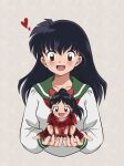  2girls :d bangs black_hair blush bow brown_eyes cape chandllucky chibi eyebrows_visible_through_hair fang green_sailor_collar hair_between_eyes hair_bow han&#039;you_no_yashahime heart highres higurashi_kagome holding inuyasha long_hair long_sleeves moroha mother_and_daughter multiple_girls open_mouth ponytail red_bow red_cape red_shirt sailor_collar sailor_shirt school_uniform shirt smile white_shirt 